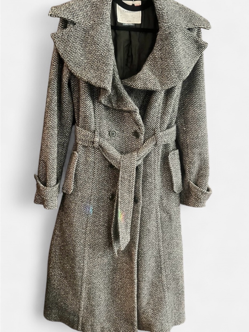 Anthropologie Cartonnier Herringbone Long Belted Trench Coat - Black & White